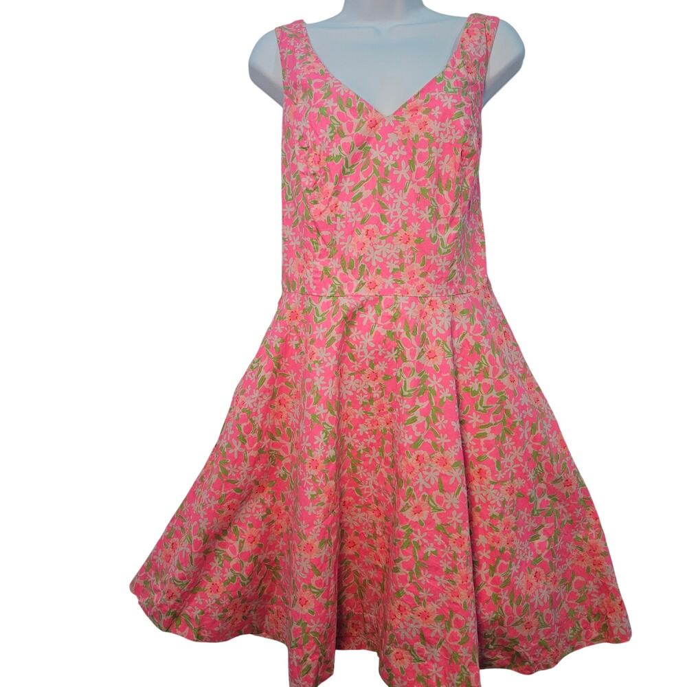 Lilly Pulitzer Pink Floral Mini Fit & Flare Dress Size 10 Open Back Pockets